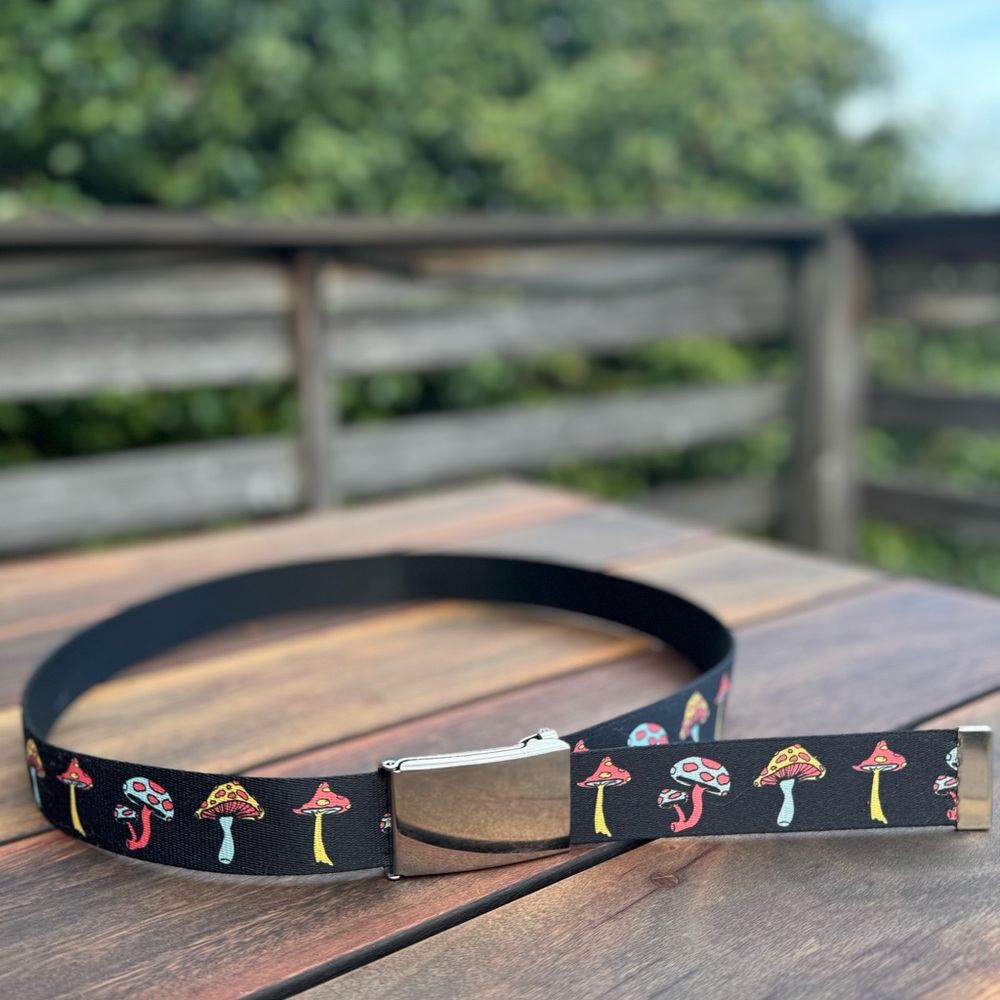 Black Belt with Colorful Mushroom Design